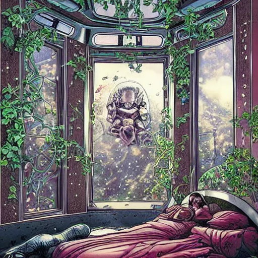 Prompt: Interior of a bedroom on a spaceship, through a large window outer space is visible, spread out around the room are lush plants, intricate, elegant, highly detailed, smooth, sharp focus, detailed face, high contrast, graphic novel, art by Ardian Syaf and Michael Choi,