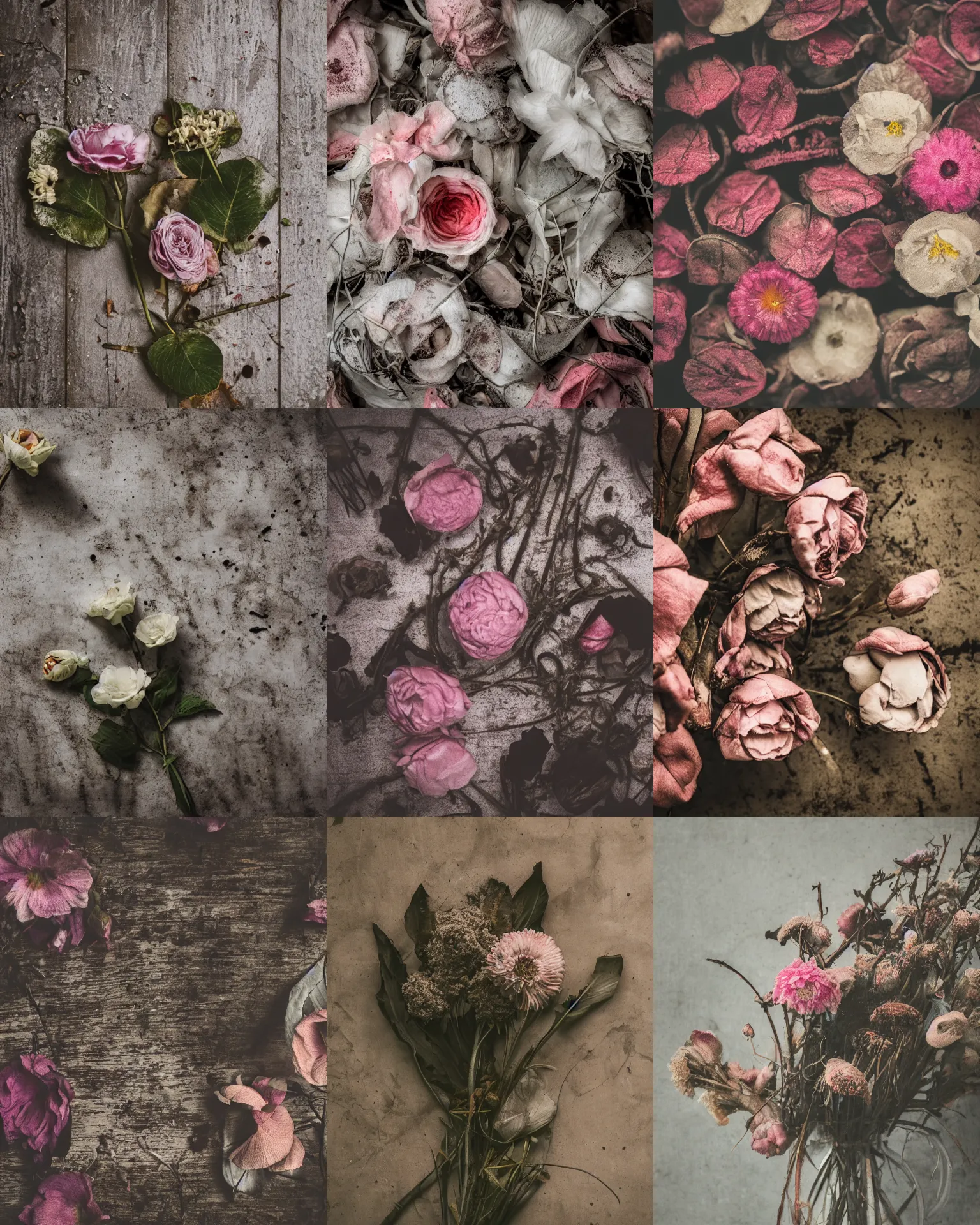 Prompt: Somber moody still life 50mm photography of decaying flowers, Photorealistic, DSLR, Unsplash