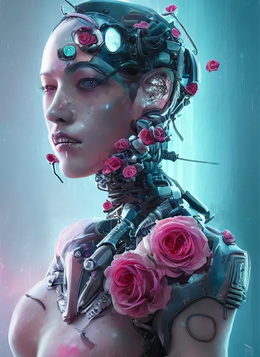 Image similar to portrait of a seductive female with roses, cyberpunk cyborg. roses, muted colors, sci fi, intricate abstract upper body intricate artwork, by tooth wu, wlop, beeple, dan mumford. concept art, octane render, deviantart, greg rutkowski, cinematic arthouse, key art, hyper realism,