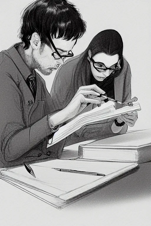 Image similar to portrait of two wise and very beautiful scientists reviewing some texts, intricate, elegant, highly detailed, smooth, sharp focus, artstation