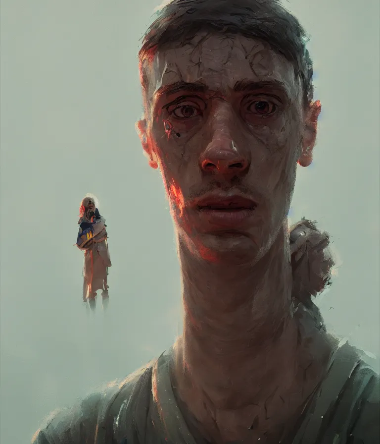 Image similar to a portrait of a prisoner in a painting from stalenhag, 4 k, 8 k, hdr, artstation, concept art