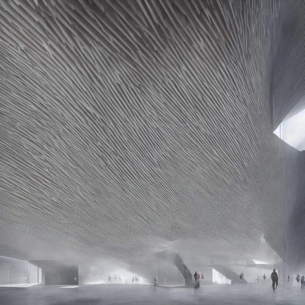 Image similar to a stair tower of light made out of wood, volumetric light, mist, designed by zaha hadid, concept art