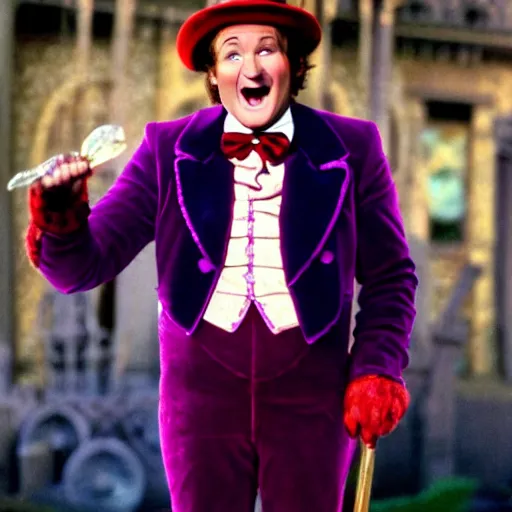 Image similar to stunning awe inspiring robin williams as willy wonka, movie still 8 k hdr atmospheric lighting