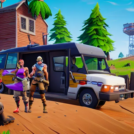 Image similar to Fortnite Battle Bus, Chikfila Style