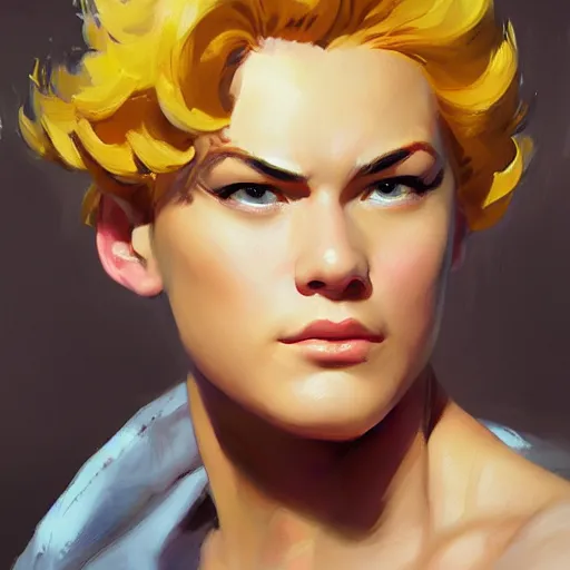 Image similar to greg manchess portrait painting zarya from overwatch, medium shot, asymmetrical, profile picture, organic painting, sunny day, matte painting, bold shapes, hard edges, street art, trending on artstation, by huang guangjian and gil elvgren and sachin teng