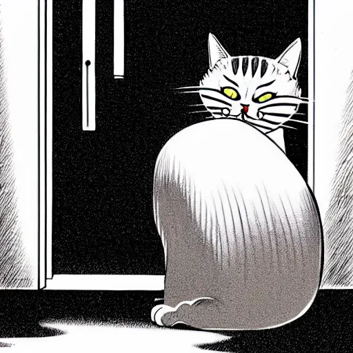Prompt: illustration of a cat meowing in front of a door. creepy horror. manga art by Junji Ito.