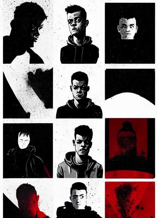 Image similar to highly detailed closeup portrait of a sullen rami malek, elliot alderson, black hoody by atey ghailan, by greg rutkowski, by greg tocchini, by james gilleard, by joe fenton, by kaethe butcher, gradient red, black and white color scheme, grunge aesthetic!!! ( ( graffiti tag wall background ) )