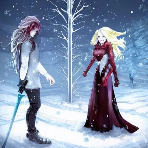 Image similar to A woman and a man are standing in the snow, the woman is leaning against the man, the man has long red hair, the woman has blonde long hair, the man has a red thick sword, the woman has a thin, long sword, a tree almost fully covered in bulky snow, concept art by Fabien Charuau, trending on pixiv, fantasy art, official art, wiccan, concept art, 4k, sharp details