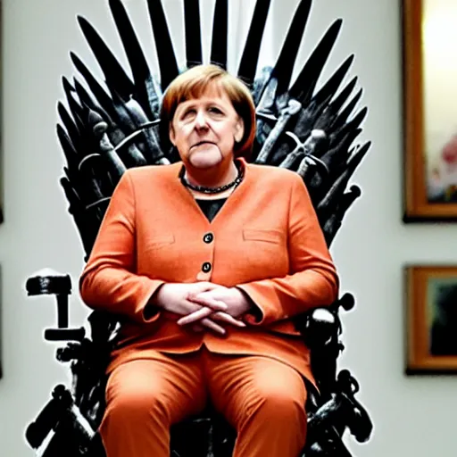 Prompt: angela merkel sitting on the iron throne