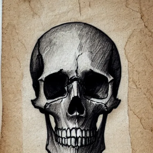 Image similar to pencil sketch of a skull on old torn paper, dramatic lighting, ultra detail, creepy, book cover