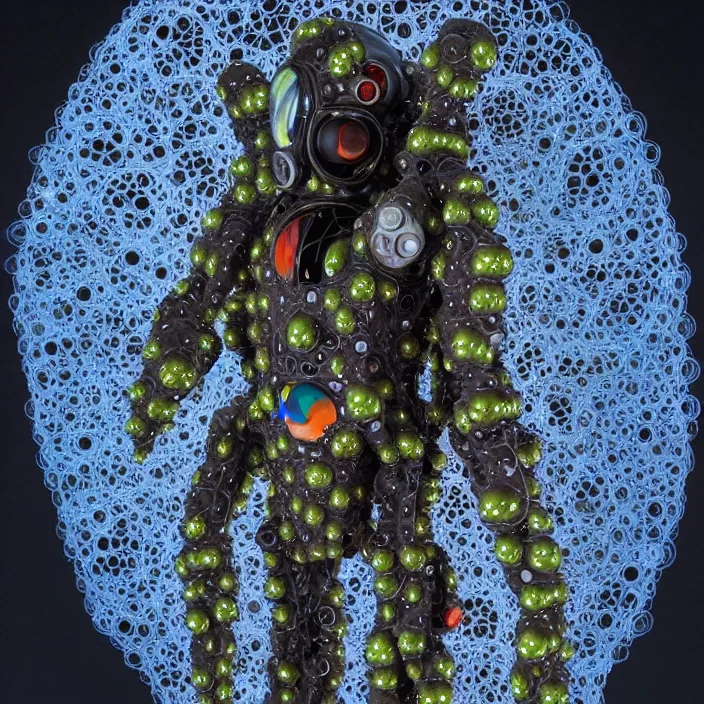 Image similar to a cybernetic symbiosis of a single astronaut mech-organic eva suit made of pearlescent wearing anodized thread knitted shiny ceramic multi colored yarn thread infected with kevlar,ferrofluid drips,carbon fiber,ceramic cracks,gaseous blob materials and diamond 3d fractal lace iridescent bubble 3d skin dotted covered with orb stalks of insectoid compound eye camera lenses orbs floats through the living room, film still from the movie directed by Denis Villeneuve with art direction by Salvador Dalí, wide lens,