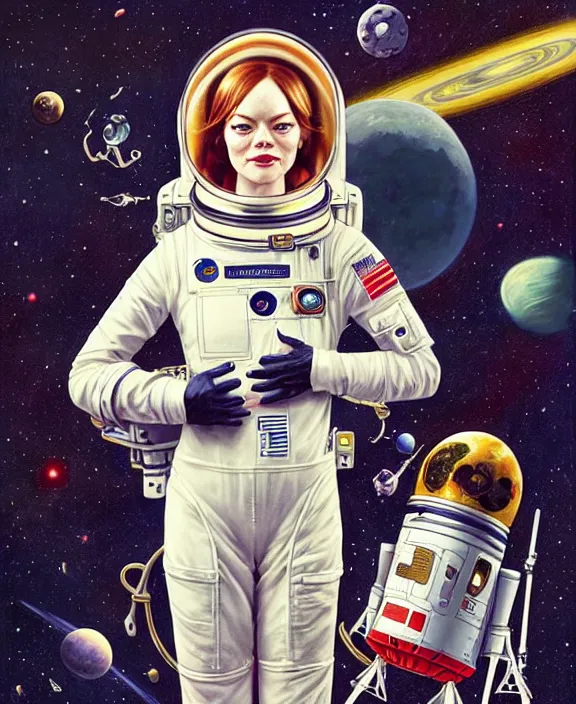 Prompt: full portrait of emma stone as an astronaut, hyper detailed, award winning, exploring the galaxy painting by chiara bautista and karl kopinski and kim jung giu and weta studio, and lucasfilm and jesper ejsing and norman rockwell greg rutkowski frank frazzeta