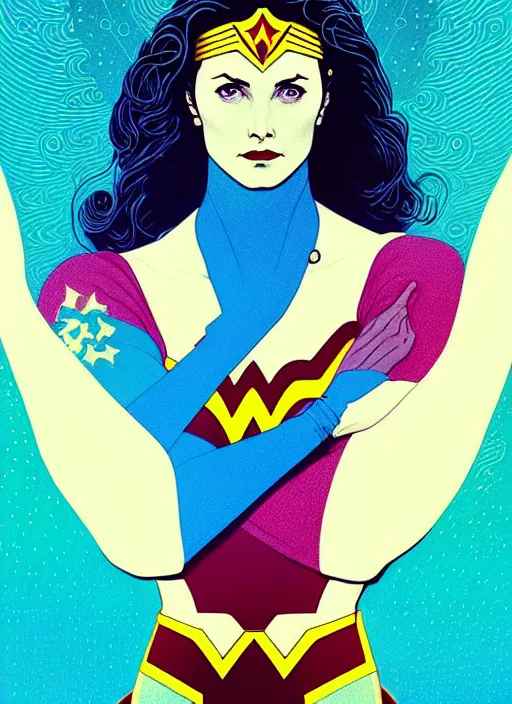 Prompt: symmetry!! stunning portrait of young lynda carter as wonder woman!! by victo ngai, kilian eng vibrant colours, dynamic lighting, digital art, winning award masterpiece, fantastically beautiful, illustration, aesthetically inspired by beksinski and dan mumford, trending on artstation, art by greg rutkowski, 8 k