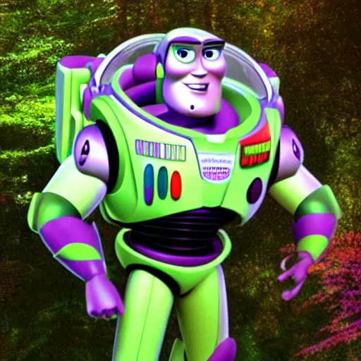 Image similar to realistic buzz lightyear in the woods with scary 4 k quality super realistic