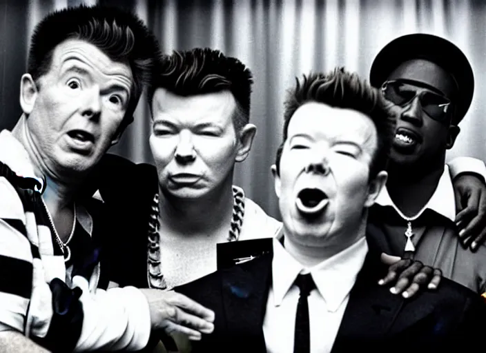 Prompt: Rick Astley in singing into a microphone, Tupac and Biggie Smalls in the background, 1980s MTV music video