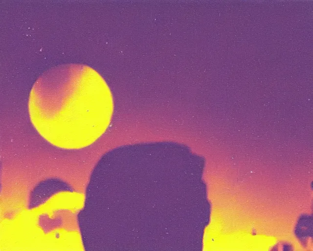 Prompt: sci - fi city, violet and yellow sunset, polaroid photo, whimsical and psychedelic, 1 9 6 0 s, grainy, expired film, glitched