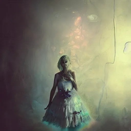 Prompt: Alice in wonderland by cy Twombly and BASTIEN LECOUFFE DEHARME, iridescent, volumetric lighting