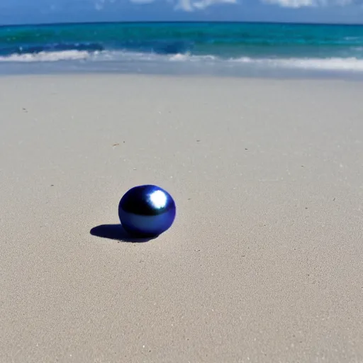 Image similar to A blue pearl instead of a core inside a split peach on the beach in the Caribbean