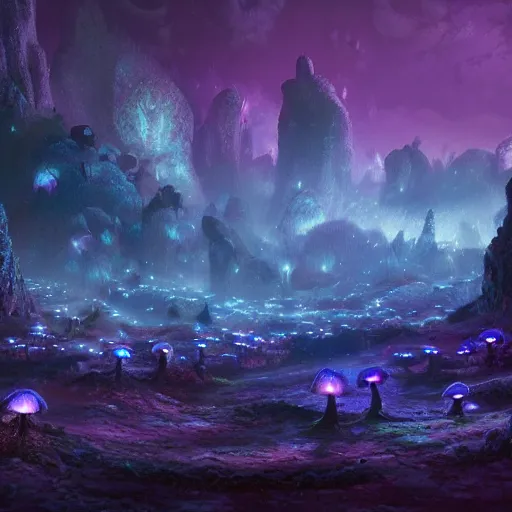 Image similar to concept art painting of a fantasy alien fungal landscape at night, with glowing blue lights, glowing blue mushrooms, dark purple sky, realistic, detailed, cel shaded, in the style of makoto shinkai and greg rutkowski and albert bierstadt and james gurney