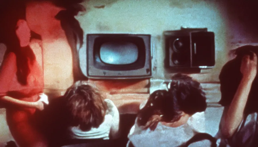 Image similar to 7 0 s film still from a horror movie with young adults staring at a television, kodachrome, cinecolor, cinestill, photorealism, cinematic, film grain, film texture, vhs recording