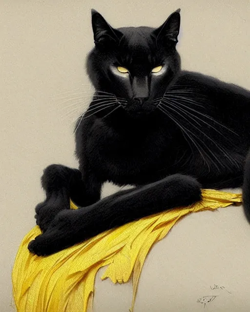 Image similar to Portrait of a giant black cat with yellow eyes and a sleeping blonde lady in Lisbon, real life skin, intricate, elegant, highly detailed, artstation, concept art, smooth, sharp focus, art by artgerm and greg rutkowski and alphonse mucha