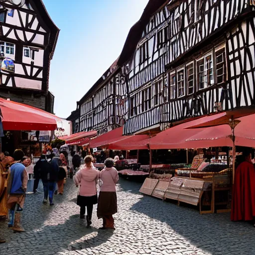 Image similar to A photograph taken in 1200AD of the market Square of a medieval town, Germany 1200AD. midday, clear sky. The market is filled with merchants selling goods and surrounded by Half-timbered houses. cobblestone, brick, market, tents, merchants. 75mm