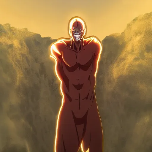 Prompt: The Colossal Titan, golden hour photograph