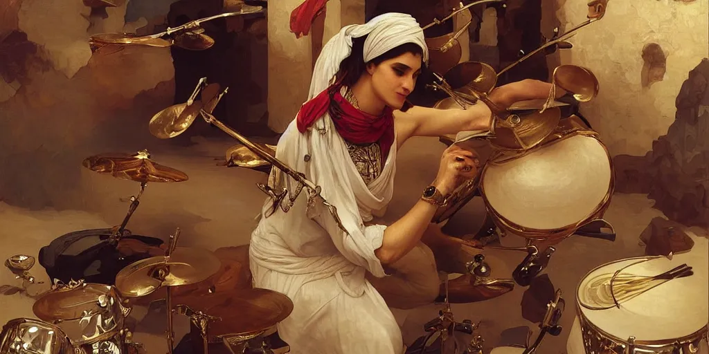 Image similar to a middle eastern rock drummer playing a modern rock drumset, the cymbals are replaced by ceramic food dishes, elegant, highly detailed, digital painting, artstation, concept art, smooth, sharp focus, illustration, art by artgerm and greg rutkowski and alphonse mucha and william - adolphe bouguereau
