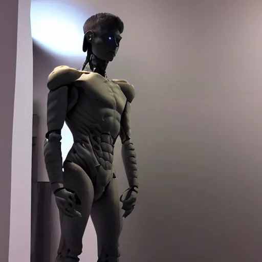 Image similar to a realistic detailed photo of a guy who is an attractive humanoid who is half robot and half humanoid, who is a male android, twitch streamer ninja tyler blevins, shiny skin, posing like a statue, blank stare, at the museum, on display