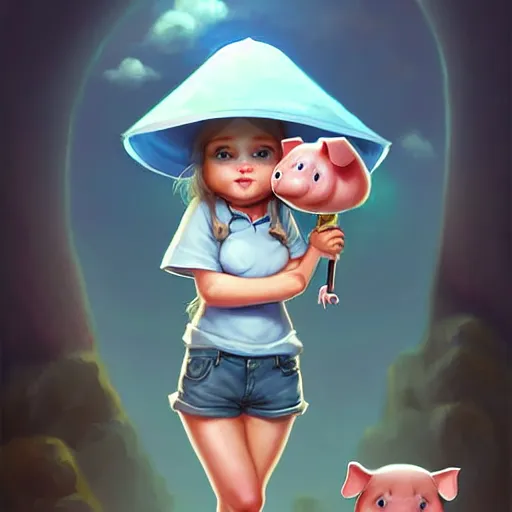 Prompt: cute little anthropomorphic funny female pig wearing shorts, a sunhat, boots and a pale blue shirt!! tiny!! fully clothed!!! small, short, cute and adorable, character art portrait, matte fantasy painting, deviantart artstation, by jason felix by steve argyle by tyler jacobson by peter mohrbacher, cinema