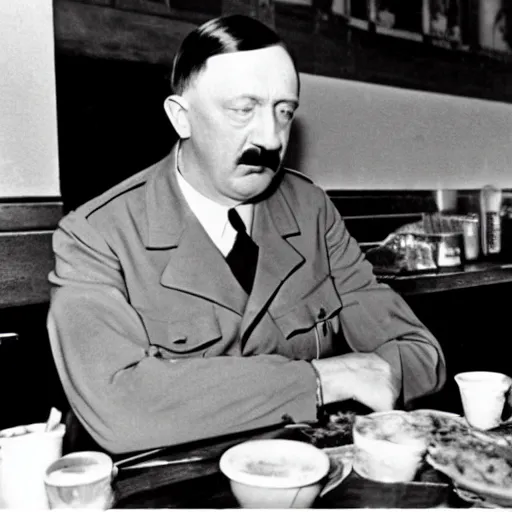 Image similar to Hitler as at a Wafflehouse enjoying breakfast