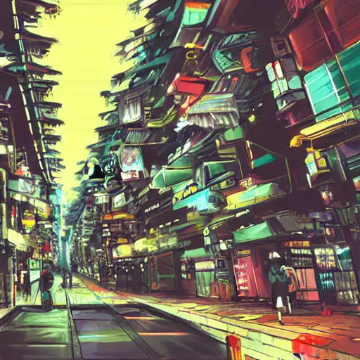 Image similar to anime style concept art of magical tokyo city, thick painting