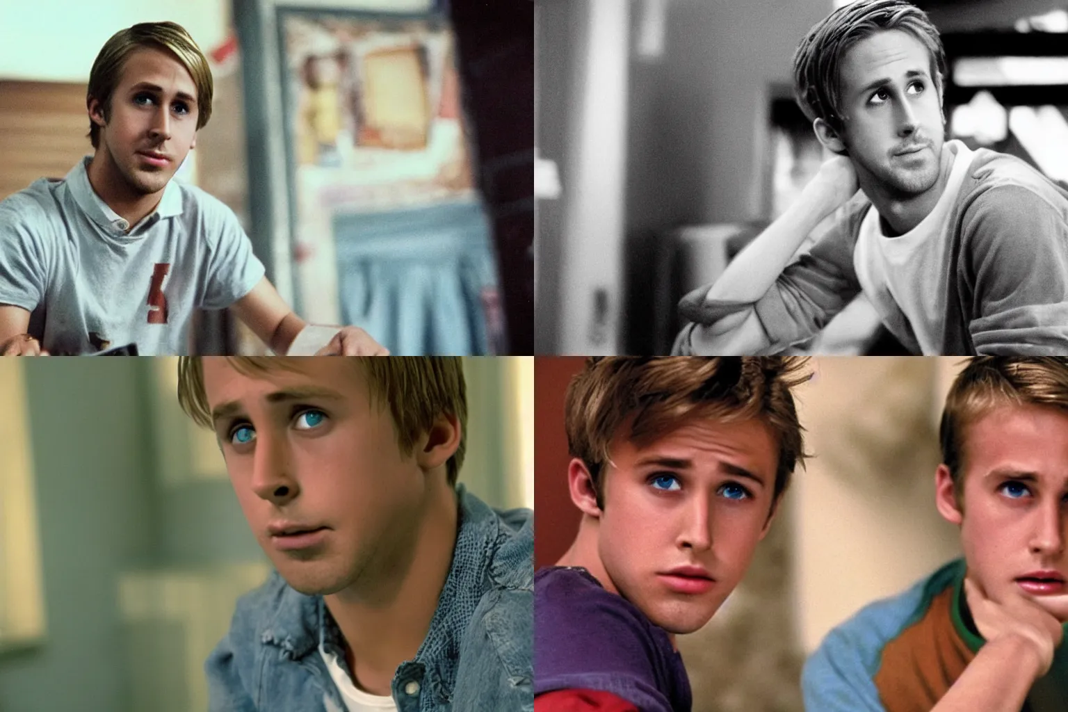 Prompt: teenage Ryan Gosling as Klitz in The Girl Next Door, film still, nerdy, comedic,