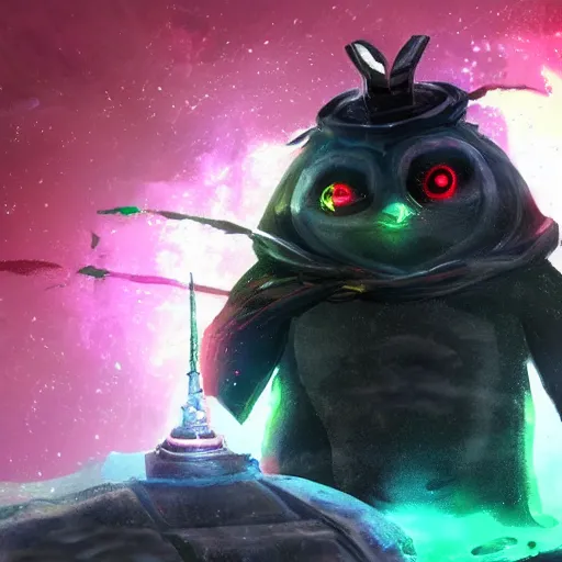 Image similar to penguin that has red glowing eyes in front of a green glowing tower in the background, guild wars 2 art style