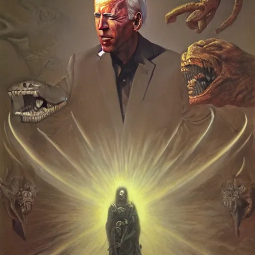 Image similar to epic Joe Biden in pandemonium, demons and souls, portrait, art by Wayne Barlowe, oil on canvas