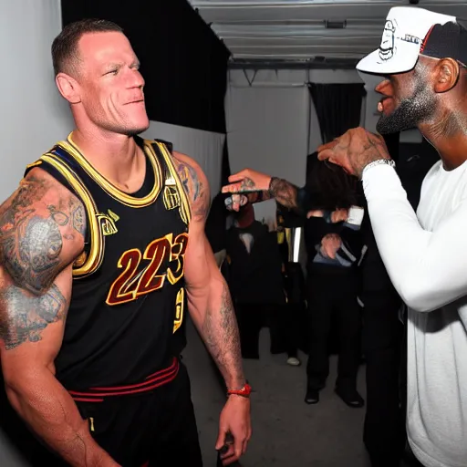 Prompt: lebron james meets john cena backstage