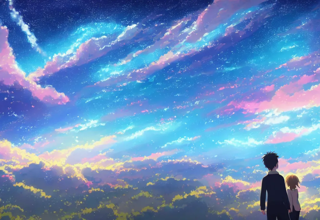 Image similar to breathtaking digital painting of the sky of kimi no na wa, by celestialfang, ghibli, pastel colors and shooting star in northern light love, lovers under skies