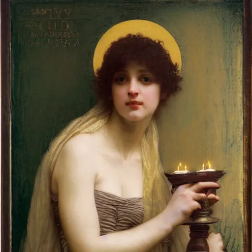 Image similar to a renaissance oil painting portrait by alma tadema of a holy divine prophet beautiful saint blonde woman, dark lit candles, colourful pastel, detailed academic bouguereau, sharp focus, high contrast studio lighting