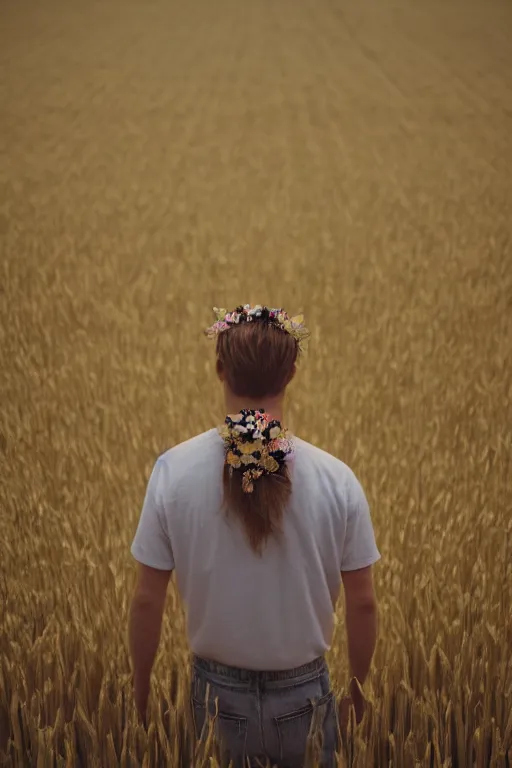 Image similar to kodak portra 4 0 0 photograph of a guy standing in a field of wheat, back view, flower crown, telephoto, faded effect, grain,