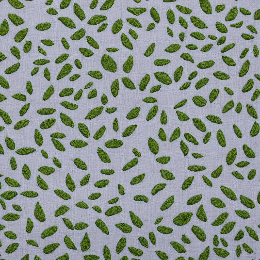 Prompt: embroidered pattern of currant leaves on white linen fabric