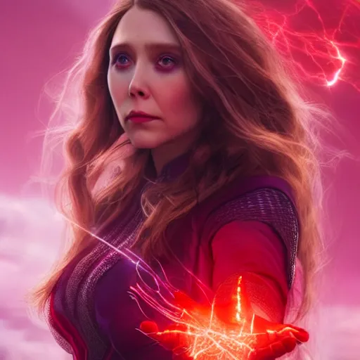 Image similar to movie still of elizabeth olsen as the scarlet witch afloat!!!!! in the air with red glowing eyes, emanating red magic!!!!! from her palms, full - body portrait, trending on artstation, 8 k quality, cgsociety contest winner, artstation hd, artstation hq, luminous lighting, beautiful cloudy atmosphere