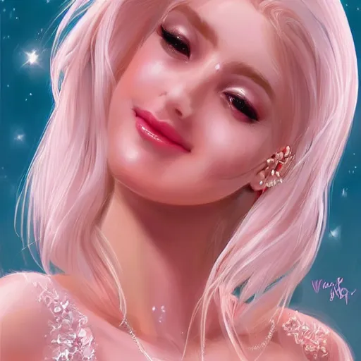 Prompt: very very very beautiful beauty queen in her 20s with blonde hair and crown wearing pink prom dress, making eye contact, smiling, flirty, 8k, perfect body, perfect face, full body portrait, digital art drawn by WLOP and artgerm