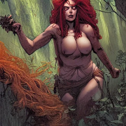 Prompt: a beautiful comic book illustration of a vamapire woman with long red hair in the forest at night by Jerome Opeña, featured on artstation