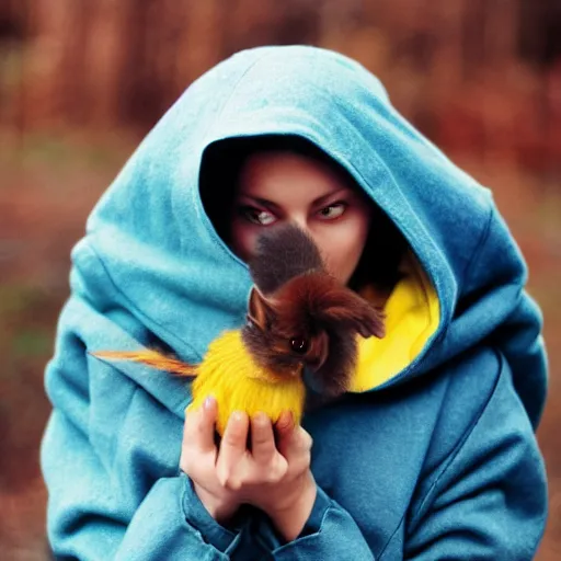 Prompt: woman in blue hooded cloak holds a yellow goblin, kodak vision 3 500t