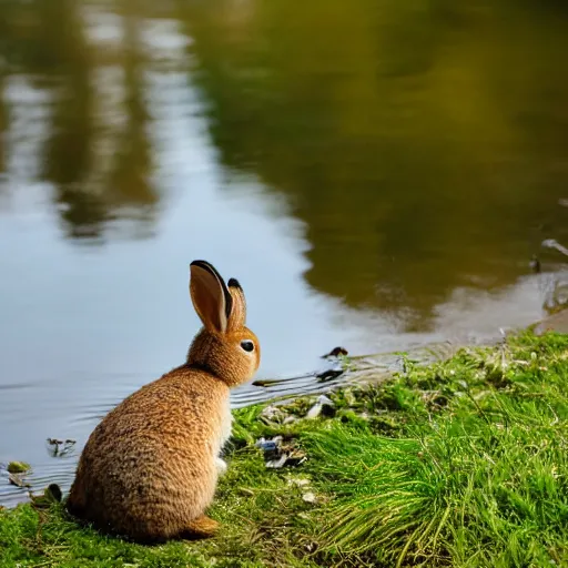 Image similar to high detailed photo of the river bank with a rabbit is relaxing near it and a duck floating by.
