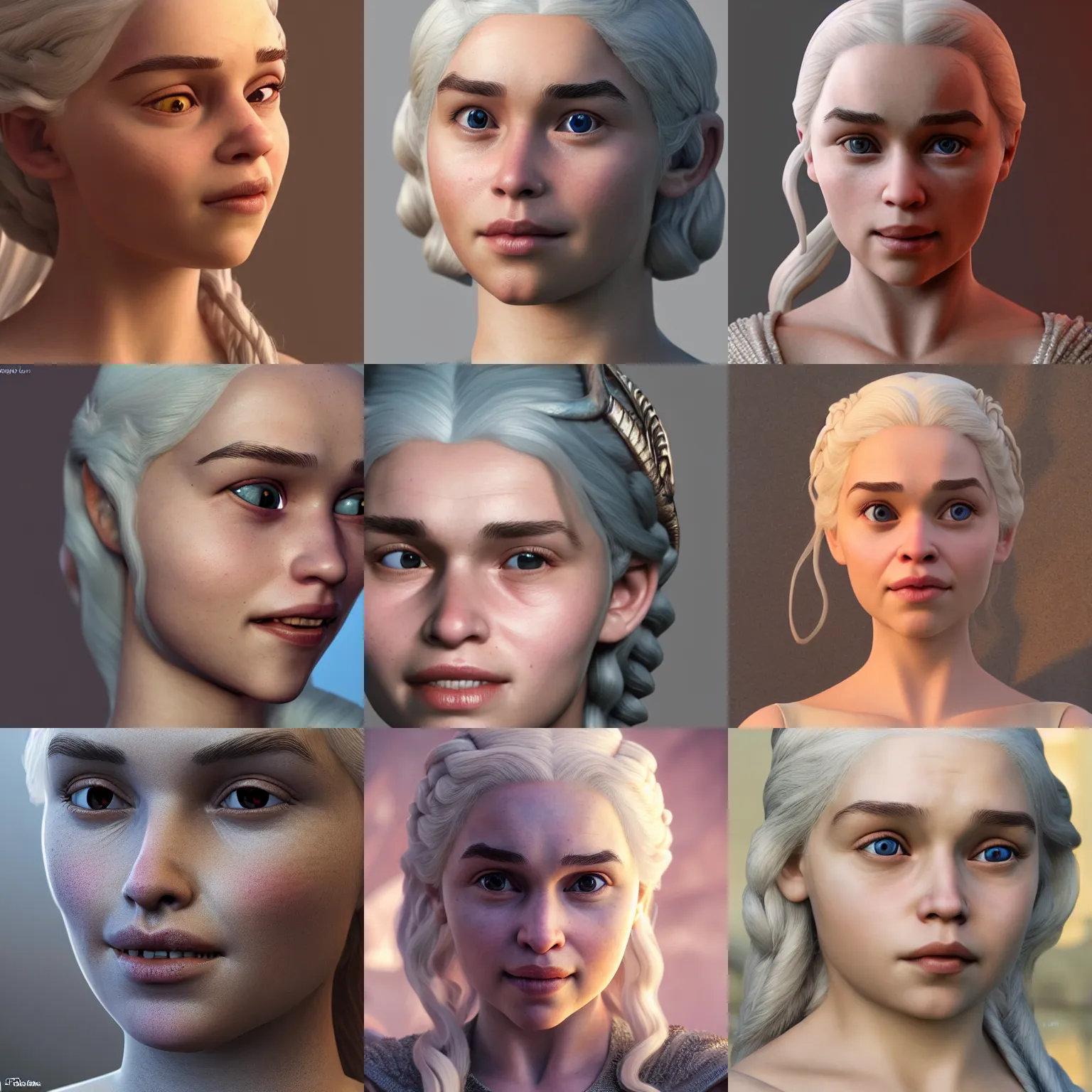 Prompt: daenerys, raytracing, cute face, 4 k, very high details, disney style, 3 d, arnold render