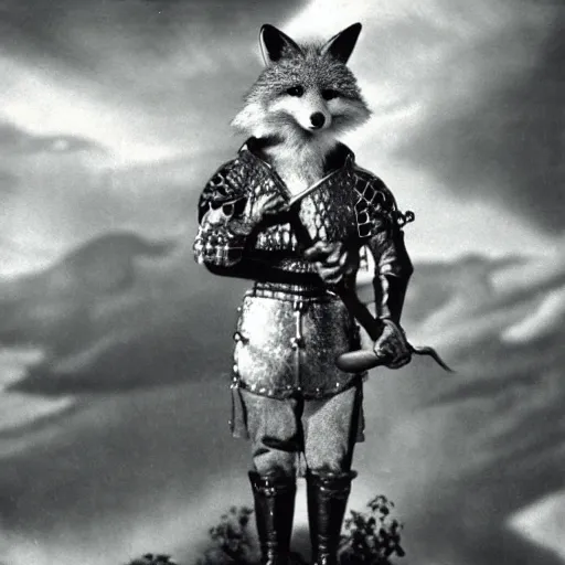 Image similar to anthropomorphic fox who is a medieval knight holding a sword towards a stormy thundercloud, 1930s film still