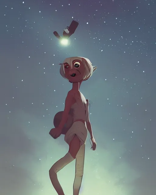 Image similar to kipo ( kipo and the age of wonderbeasts ) standing under the stars with an arm raised to the night sky, in professional makeup, dramatic lighting, by lois van baarle, greg rutkowski, ( ilya kuvshinov ), 4 k, trending on artstation