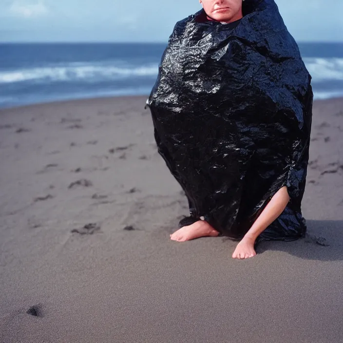 Prompt: closeup portrait of a woman wrapped in a plastic cloak, standing in a volcanic black sand beach, color photograph, by vincent desiderio, canon eos c 3 0 0, ƒ 1. 8, 3 5 mm, 8 k, medium - format print