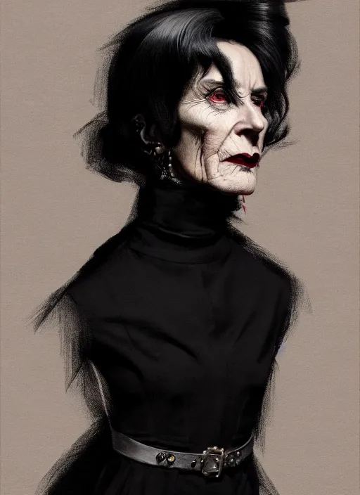 Prompt: portrait of an older artsy woman with a crooked nose and a confident expression, 1 9 6 0 s, black clothes, goth, punk, funk, intricate, elegant, highly detailed, digital painting, artstation, concept art, smooth, sharp focus, illustration, art by wlop, mars ravelo and greg rutkowski